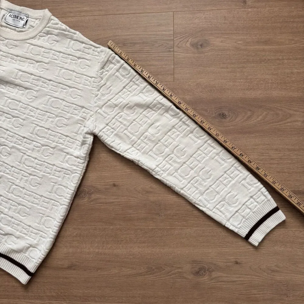 Vintage 90s Iceberg All Over Logo Knit Sweater Cream Wool Blend Size XXXL Italy